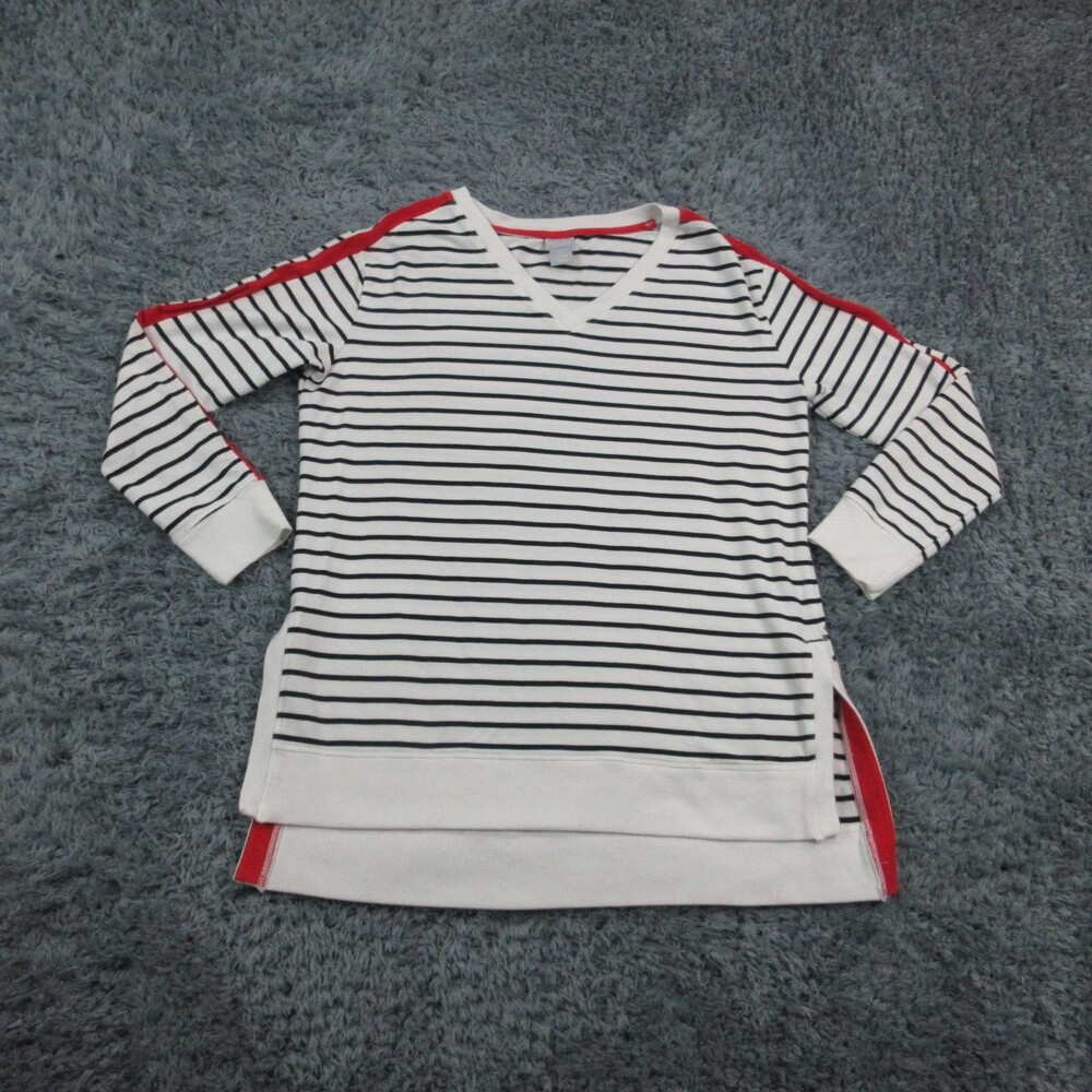 Chico's Zenergy Sweater Womens Medium White Stripe V Neck Knit Pullover Red Trim